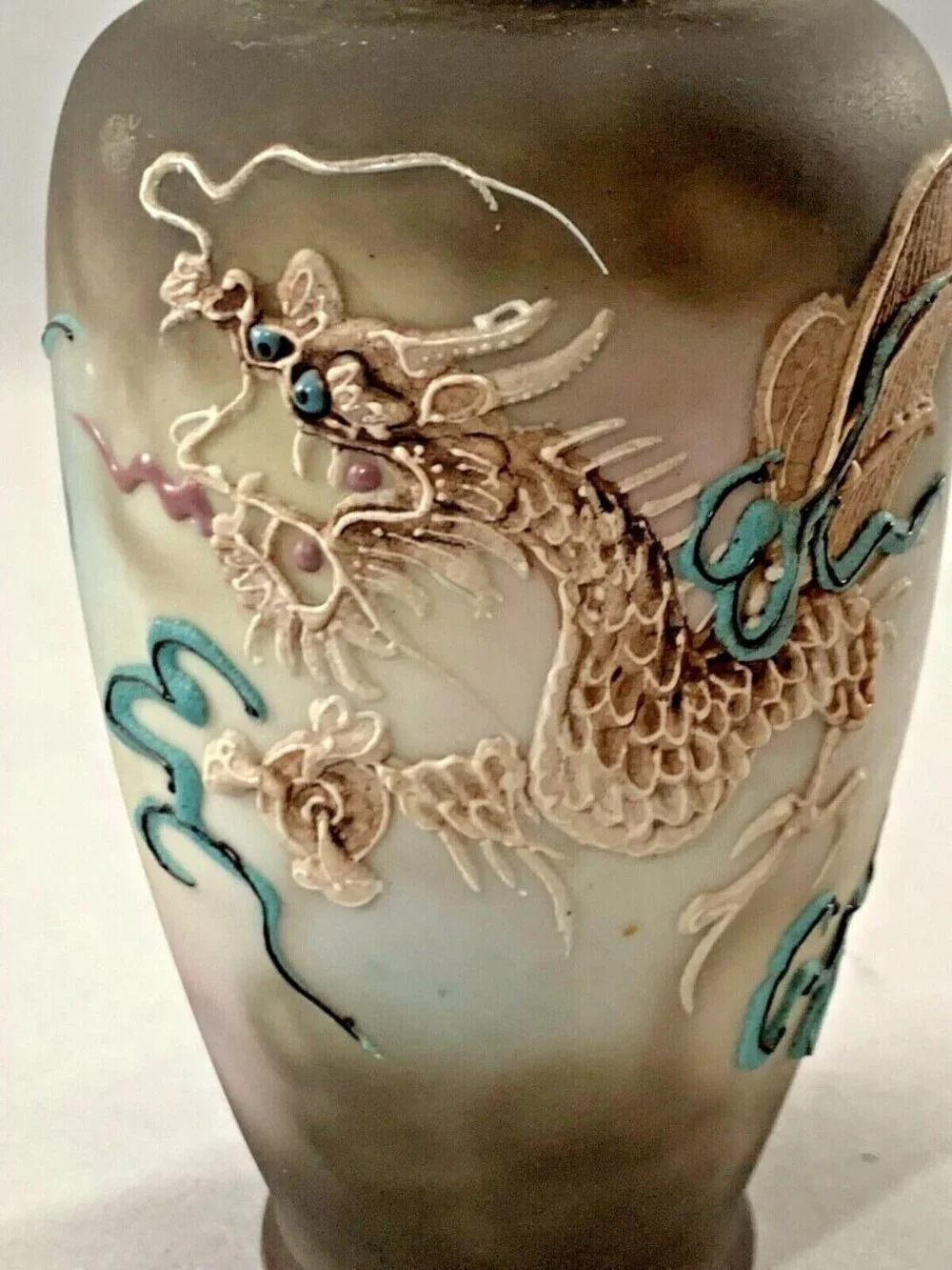 Japanese Dragon Moriage Vase Ceramic Brown Blue HandPainted Dragonware Raised